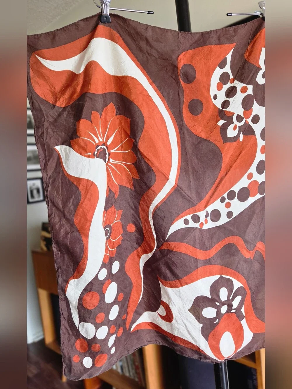 De La Roche Vintage 70s Floral Silk Scarf - Parisian Chic - Orange Brown White